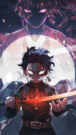 Demon Slayer Tanjiro Kamado Anime Illustration with Glowing Eyes and Katana HD phone wallpaper