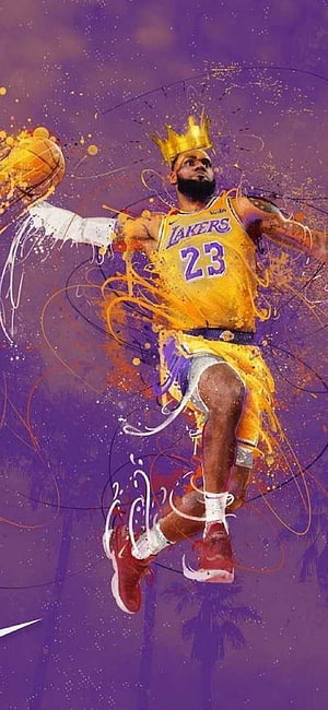 LeBron James in Lakers jersey with golden crown and basketball in artistic purple splash style HD phone wallpaper