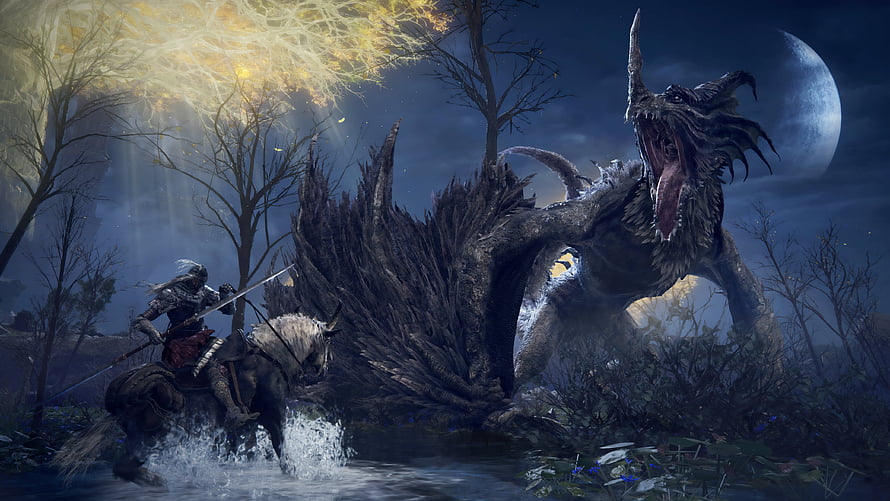 Elden Ring Knight on Horseback Confronting a Giant Beast in a Moonlit Forest HD wallpaper