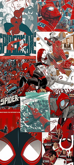 Spider-Man Comic Art Collage Featuring Peter Parker, Villains, and Iconic Movie Posters HD phone wallpaper