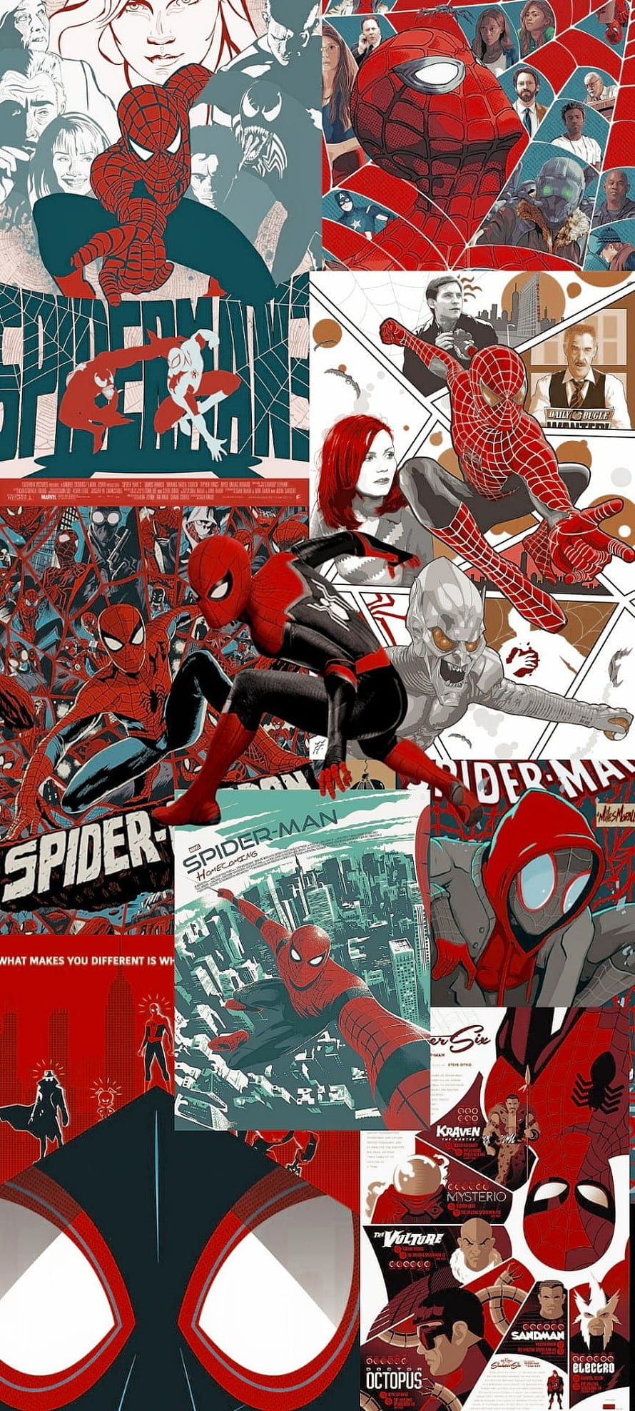Spider-Man Comic Art Collage Featuring Peter Parker, Villains, and Iconic Movie Posters HD phone wallpaper
