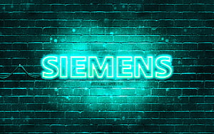 Siemens Neon Sign Glowing on Dark Turquoise Brick Wall HD wallpaper