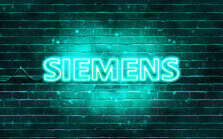 Siemens Neon Sign Glowing on Dark Turquoise Brick Wall HD wallpaper