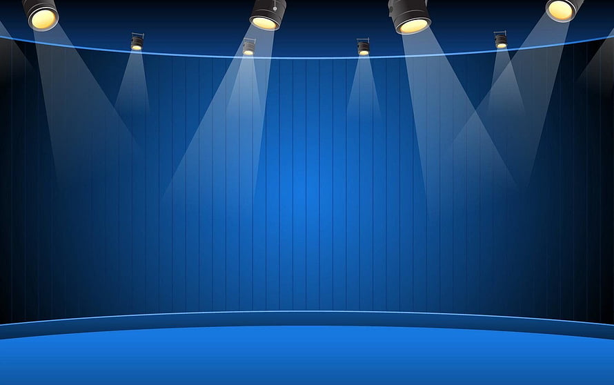 Blue Stage Backdrop With Overhead Spotlights And Dramatic Light Beams HD wallpaper