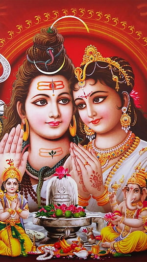 Lord Shiva and Goddess Parvati Devotional Artwork with Ganesha and Shiva Lingam HD phone wallpaper