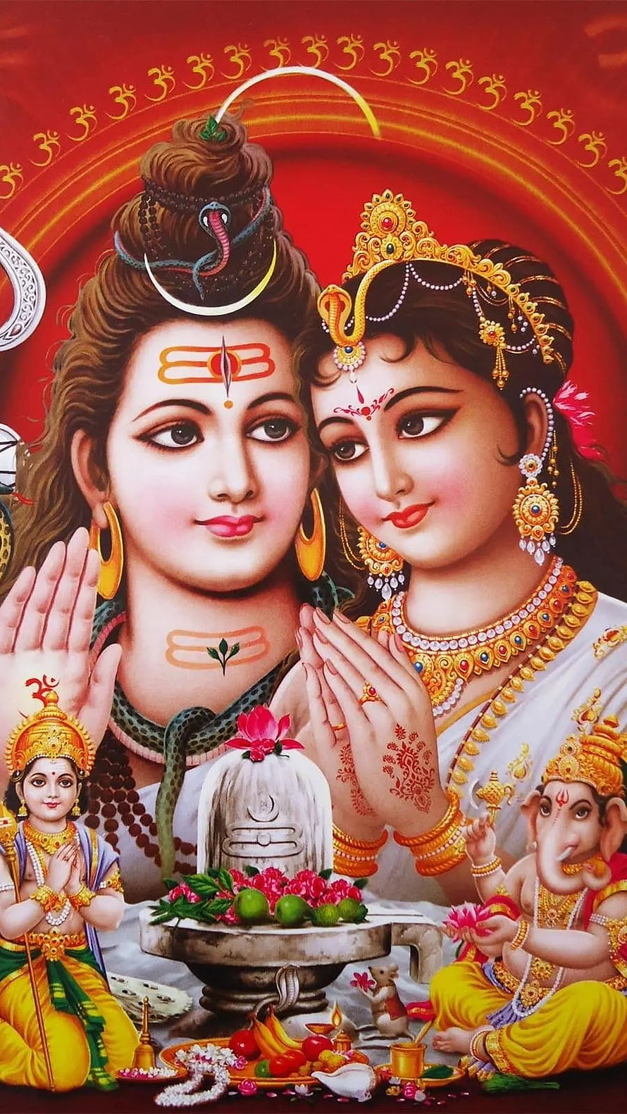 Lord Shiva and Goddess Parvati Devotional Artwork with Ganesha and Shiva Lingam HD phone wallpaper