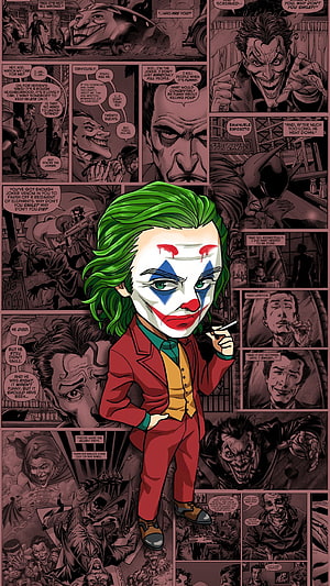 Chibi Joker in Red Suit with Green Hair and Clown Makeup Over Comic Panel Background HD phone wallpaper
