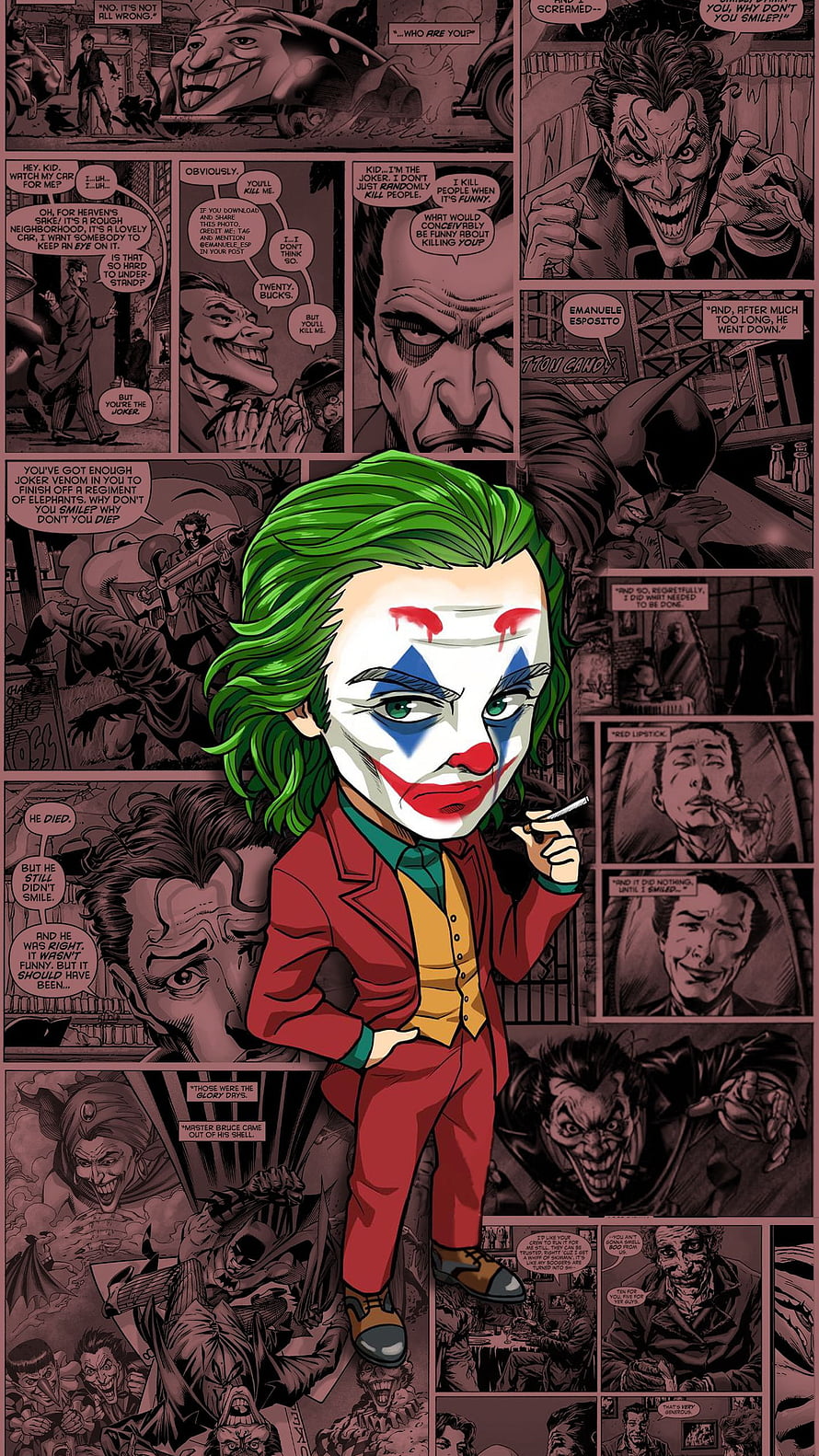 Chibi Joker in Red Suit with Green Hair and Clown Makeup Over Comic Panel Background HD phone wallpaper