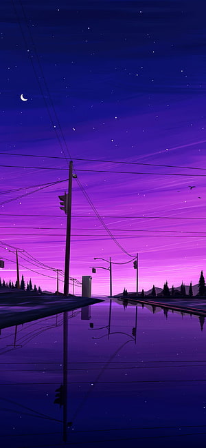 Purple Night Sky Over Flooded Street With Power Lines and Crescent Moon HD phone wallpaper