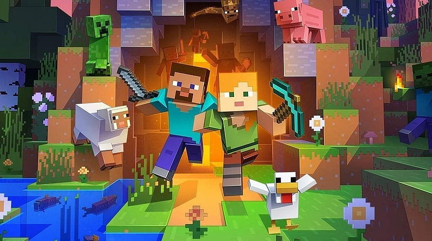 Minecraft Steve and Alex Adventure with Creeper, Pig, Sheep, and Chicken in Blocky World HD wallpaper