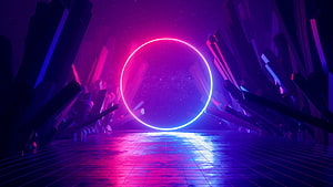 Neon Ring Portal in Crystal Cavern with Reflective Grid Floor and Vibrant Purple Hues HD wallpaper