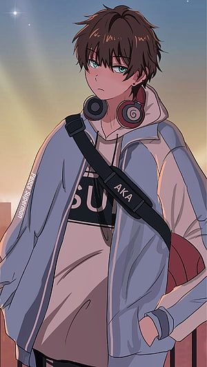 Anime Boy With Brown Hair And Headphones Wearing A Hoodie At Sunset HD phone wallpaper