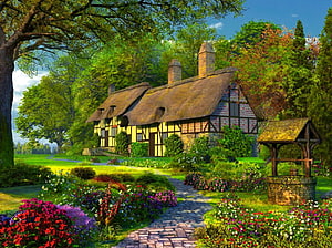 Charming English Tudor Cottage with Thatched Roof and Vibrant Flower Garden in Countryside HD wallpaper