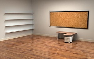 Minimalist Empty Office Interior With Cork Board, Floating Shelves, And L-Shaped Desk HD wallpaper