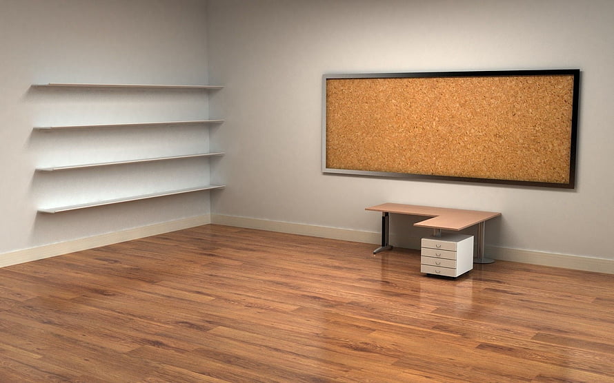Minimalist Empty Office Interior With Cork Board, Floating Shelves, And L-Shaped Desk HD wallpaper