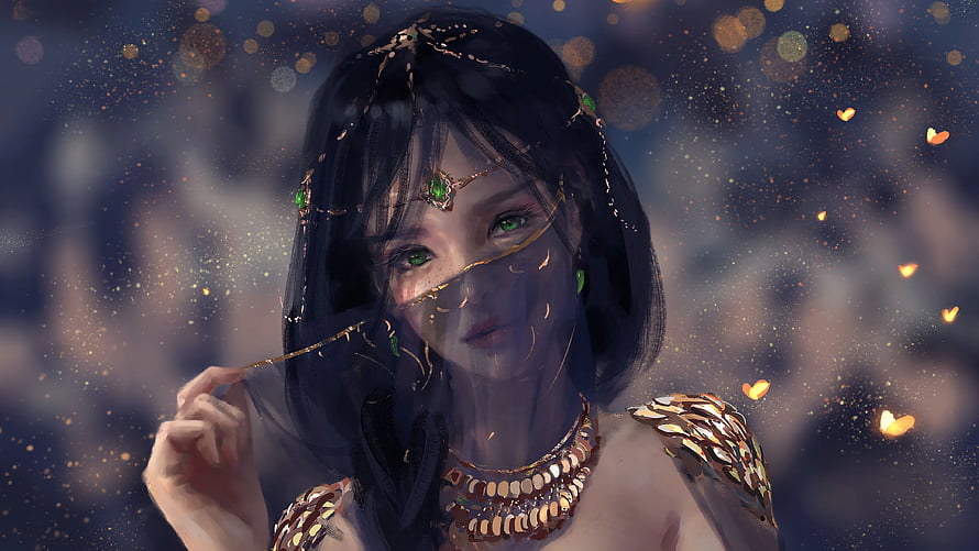 WLOP Digital Art: Ethereal Woman with Green Eyes and Gold Veil HD wallpaper