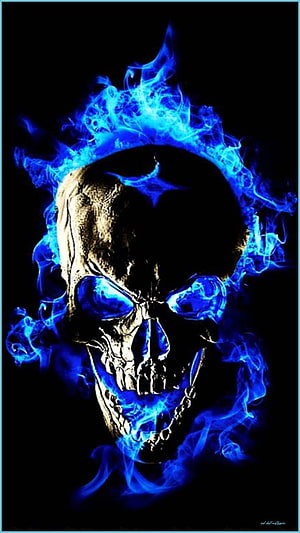 Glowing Blue Flame Skull with Fiery Eyes on Black Background HD phone wallpaper