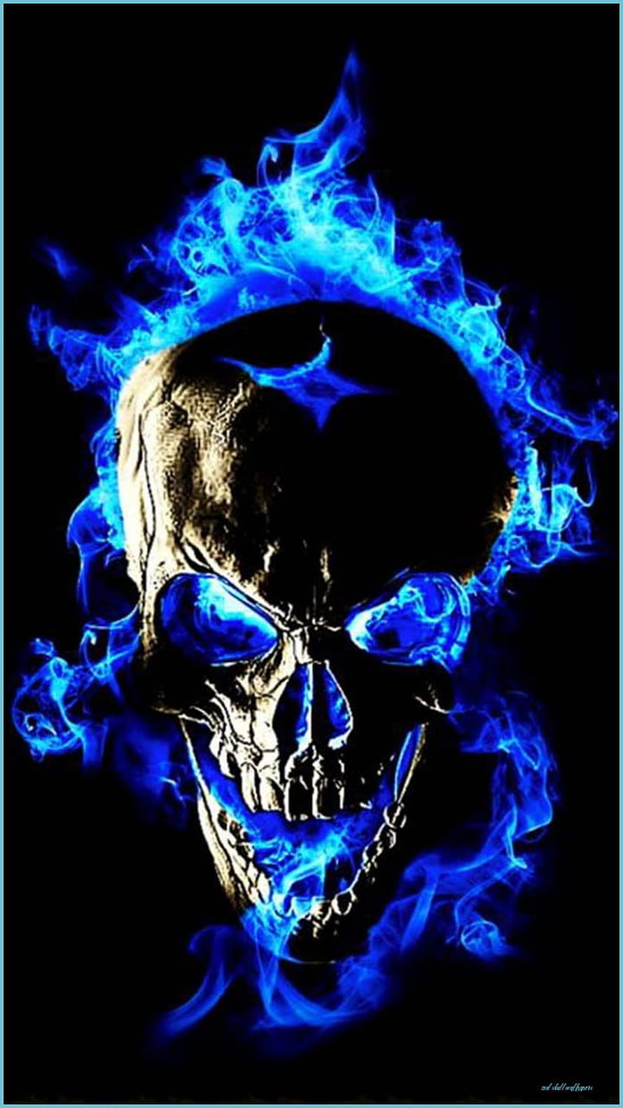Glowing Blue Flame Skull with Fiery Eyes on Black Background HD phone wallpaper