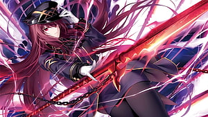 Scathach from Fate Grand Order wielding a glowing red sword in a dynamic anime battle scene HD wallpaper