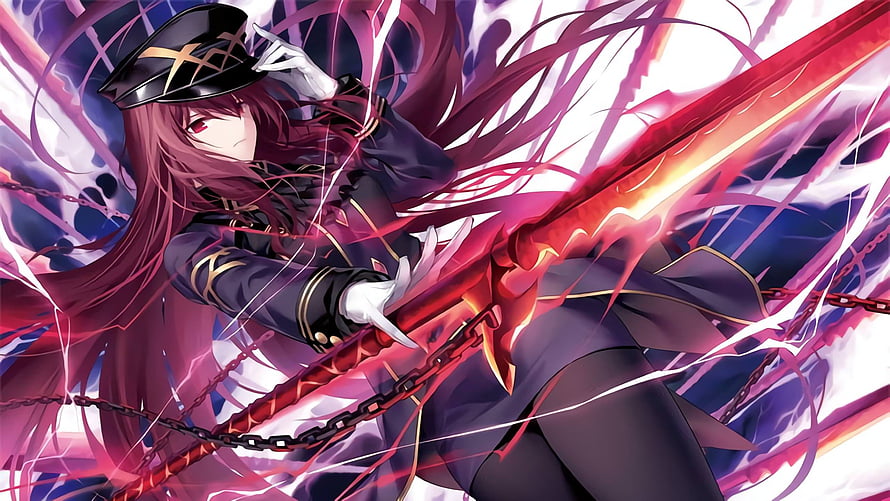 Scathach from Fate Grand Order wielding a glowing red sword in a dynamic anime battle scene HD wallpaper