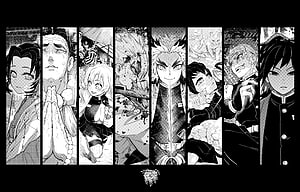 Demon Slayer Manga Character Lineup in Black and White Panels HD wallpaper