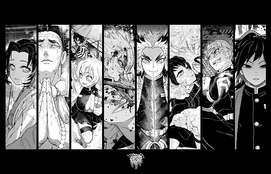 Demon Slayer Manga Character Lineup in Black and White Panels HD wallpaper