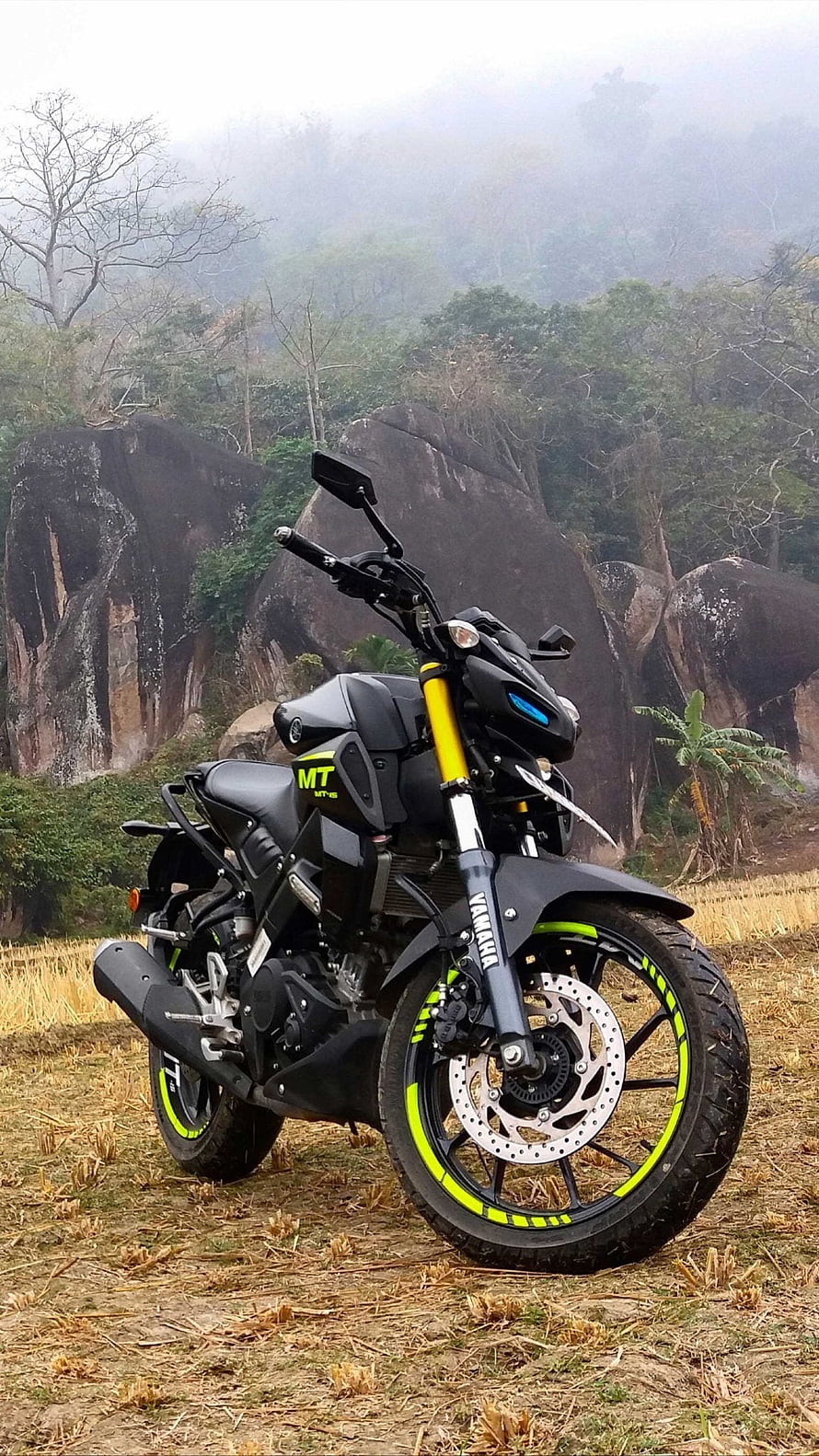 Yamaha MT-15 Motorcycle Parked in Misty Mountain Landscape with Neon Green Accents HD phone wallpaper