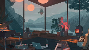 Cozy Cabin Interior with Mountain Lake View and Music Studio Setup HD wallpaper