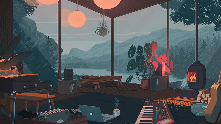 Cozy Cabin Interior with Mountain Lake View and Music Studio Setup HD wallpaper