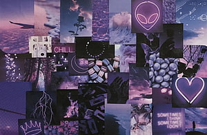 Purple Aesthetic Collage Wallpaper with Neon Alien, Heart, and Moody Nature Elements HD wallpaper