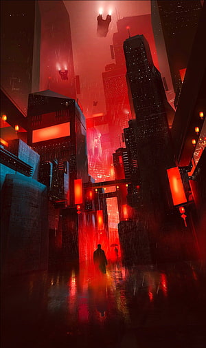 Blade Runner 2049 Cyberpunk Cityscape with Neon Red Glow and Rainy Streets HD phone wallpaper