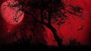 Eerie Silhouette of a Twisted Tree Against a Blood-Red Moonlit Sky HD wallpaper