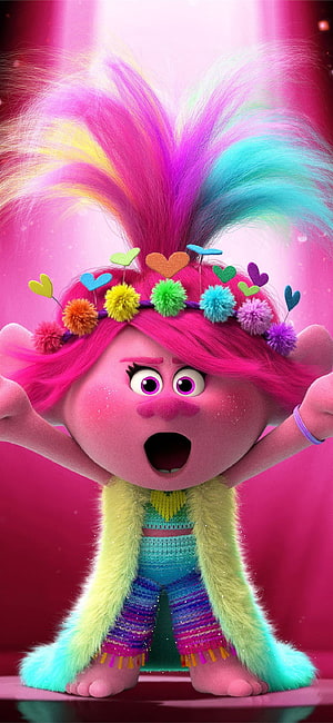 Poppy from Trolls World Tour with colorful hair and pom-pom headband in vibrant 3D animation HD phone wallpaper