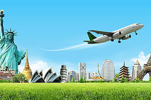 World Travel Concept Featuring Global Landmarks and Airplane in Flight HD wallpaper