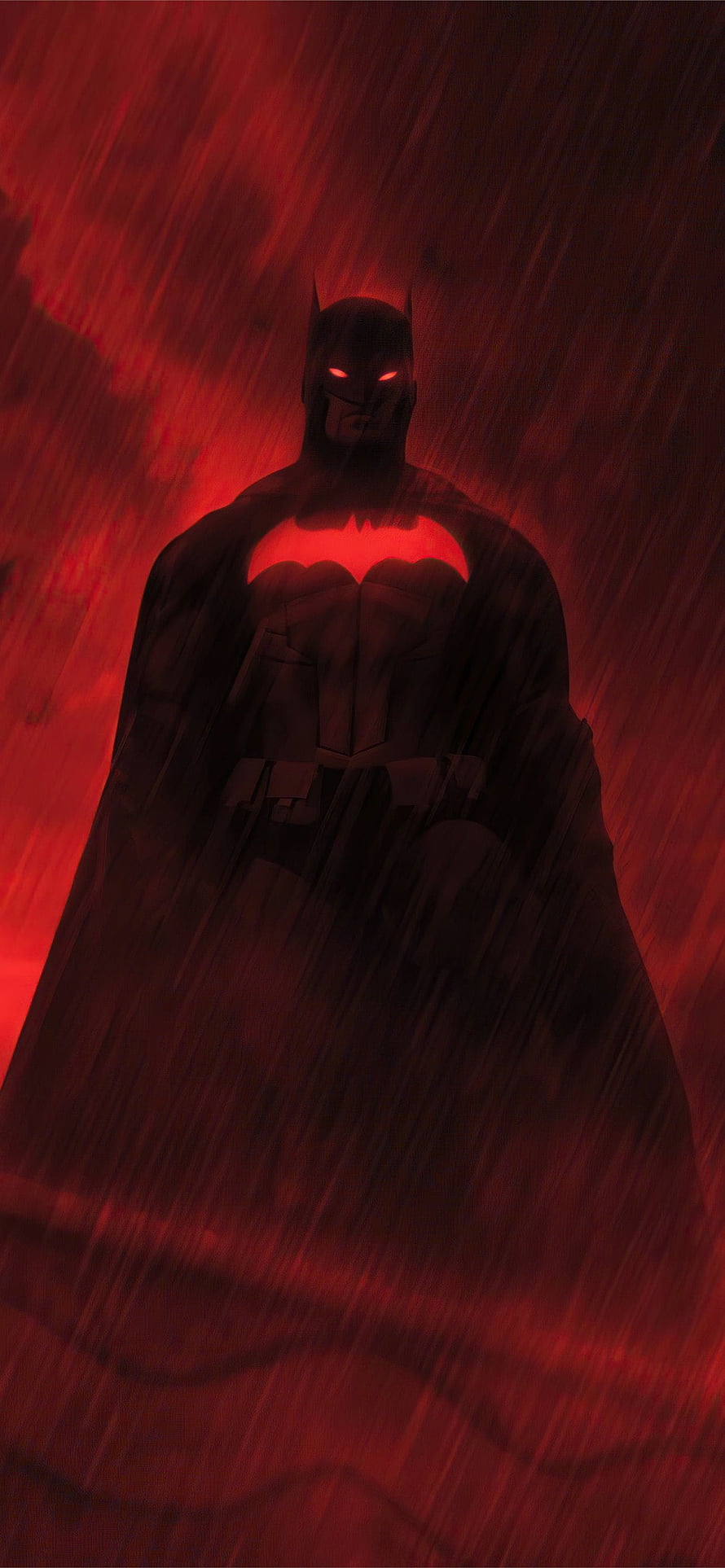 The Batman 2022 Animated Character in Red Rain with Glowing Eyes and Cape HD phone wallpaper