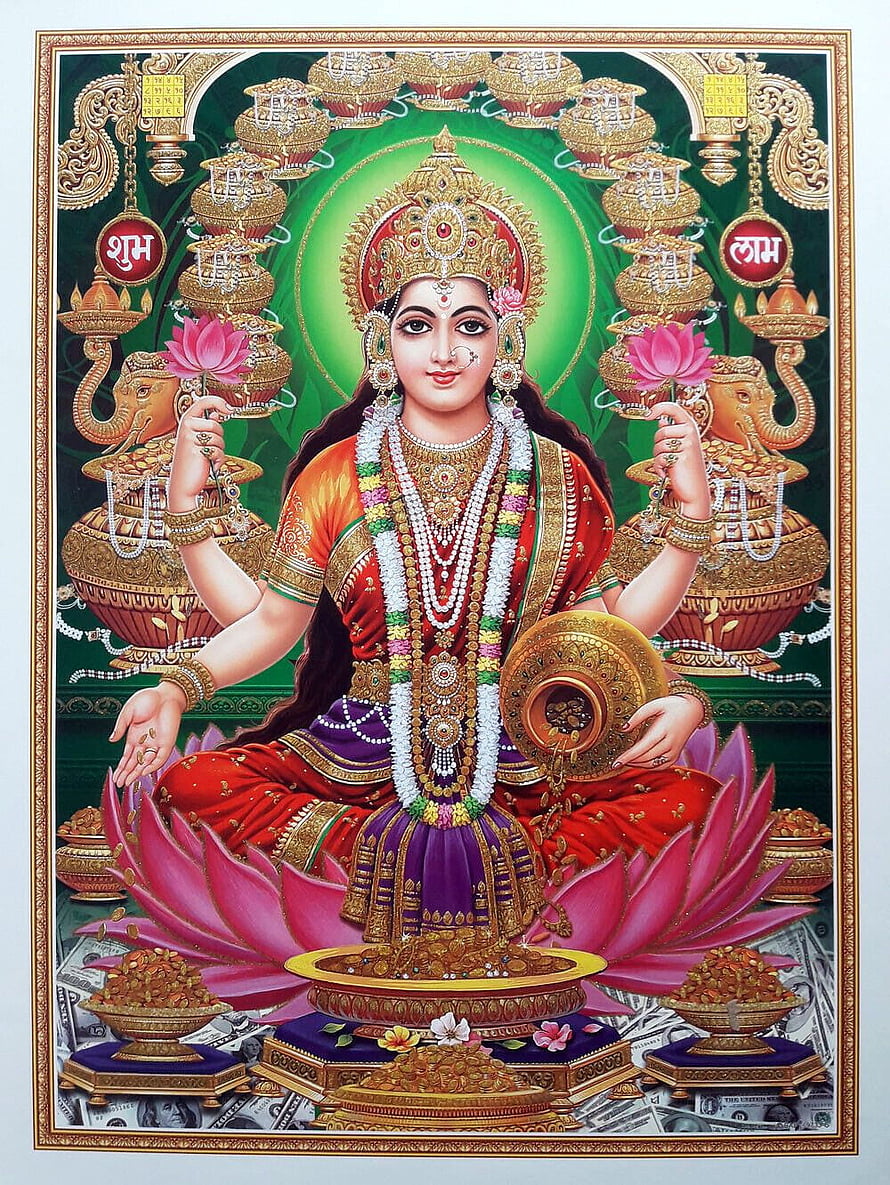 Goddess Lakshmi Seated on Lotus with Elephants and Gold Coins HD phone wallpaper