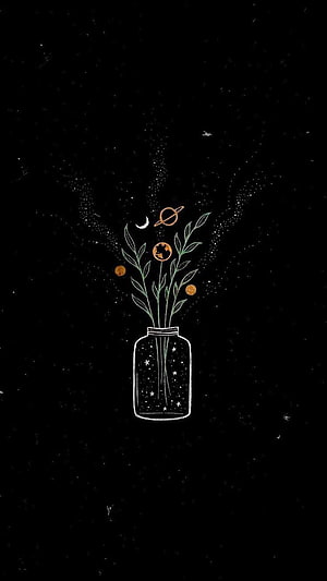 Minimalist celestial bouquet in a glass jar against a starry black background HD phone wallpaper
