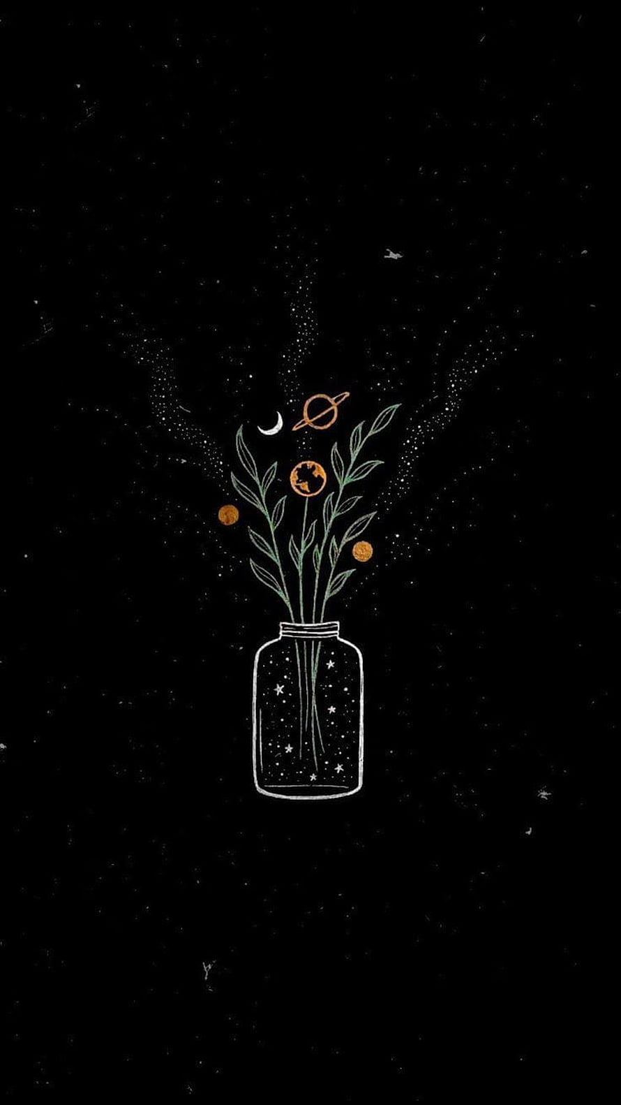 Minimalist celestial bouquet in a glass jar against a starry black background HD phone wallpaper