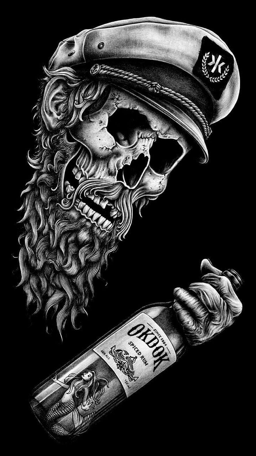 Black and White Skull Sailor with Beard Holding Spiced Rum Bottle Tattoo Art HD phone wallpaper