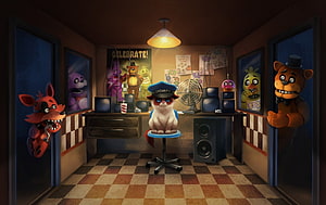 Five Nights at Freddy's Security Office with Animatronic Characters and Cat Guard HD wallpaper