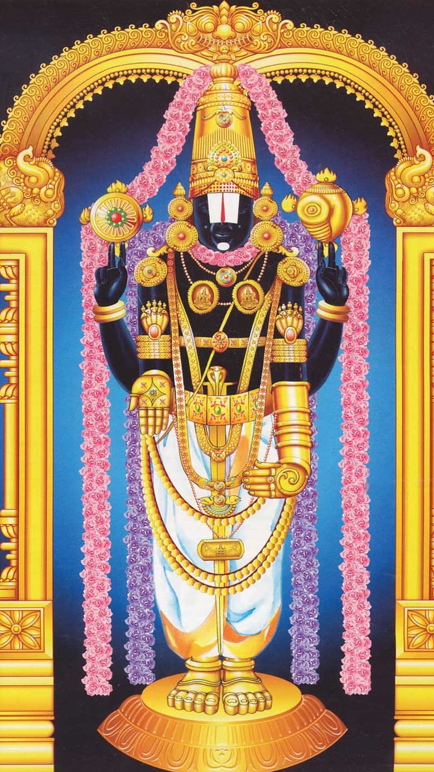 Tirupati Balaji deity illustration adorned in gold ornaments and floral garlands HD phone wallpaper