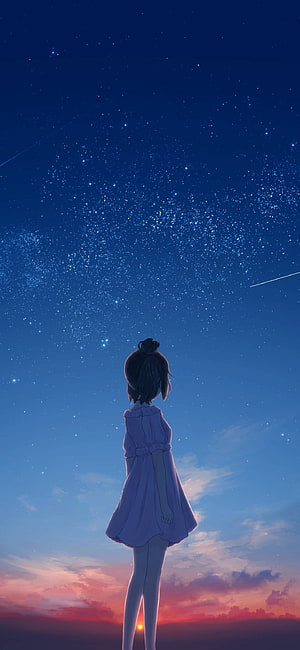 Anime Girl Gazing at Starry Night Sky with Sunset Horizon HD phone wallpaper