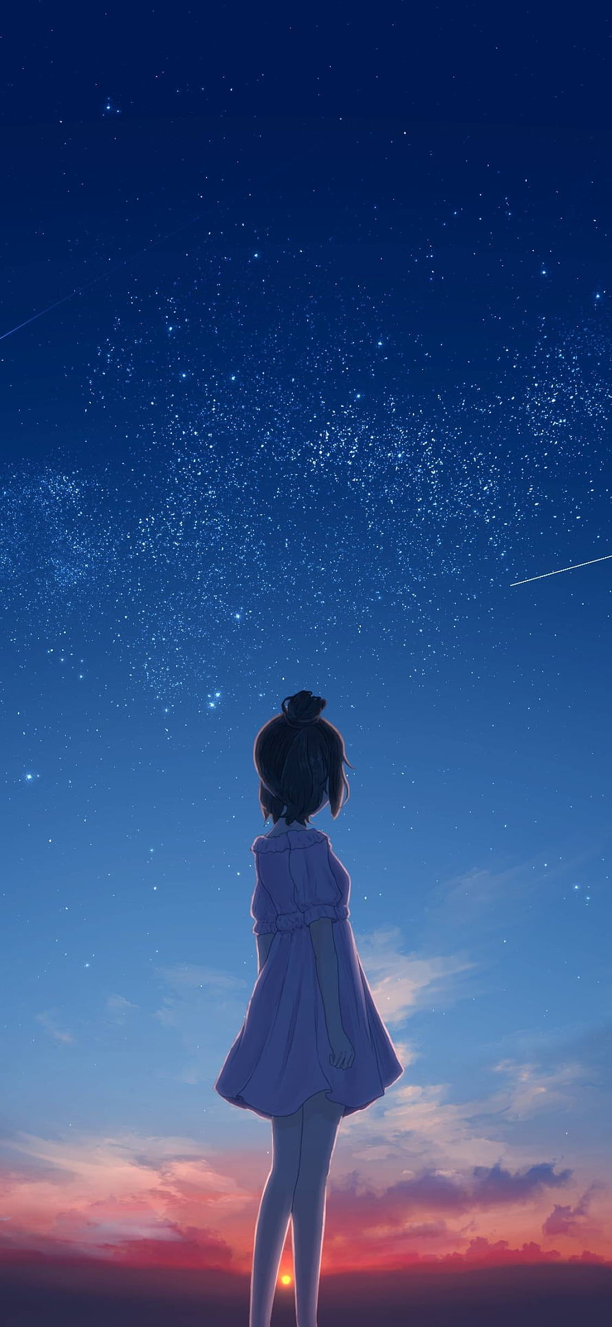 Anime Girl Gazing at Starry Night Sky with Sunset Horizon HD phone wallpaper