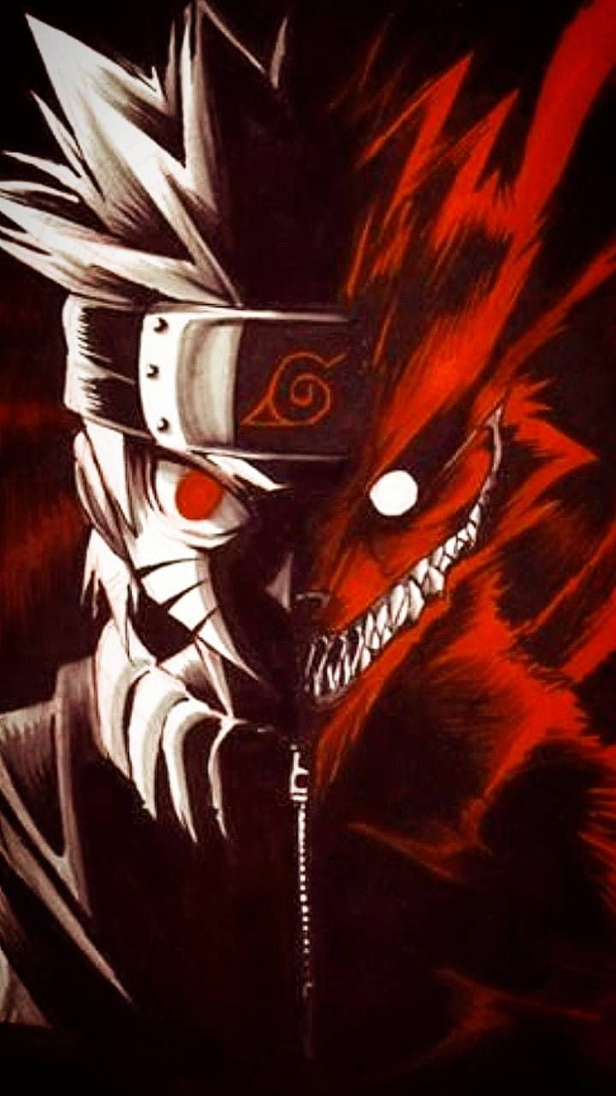 Naruto Uzumaki and Nine-Tailed Fox Split Portrait in Dark Red and Black Anime Art HD phone wallpaper