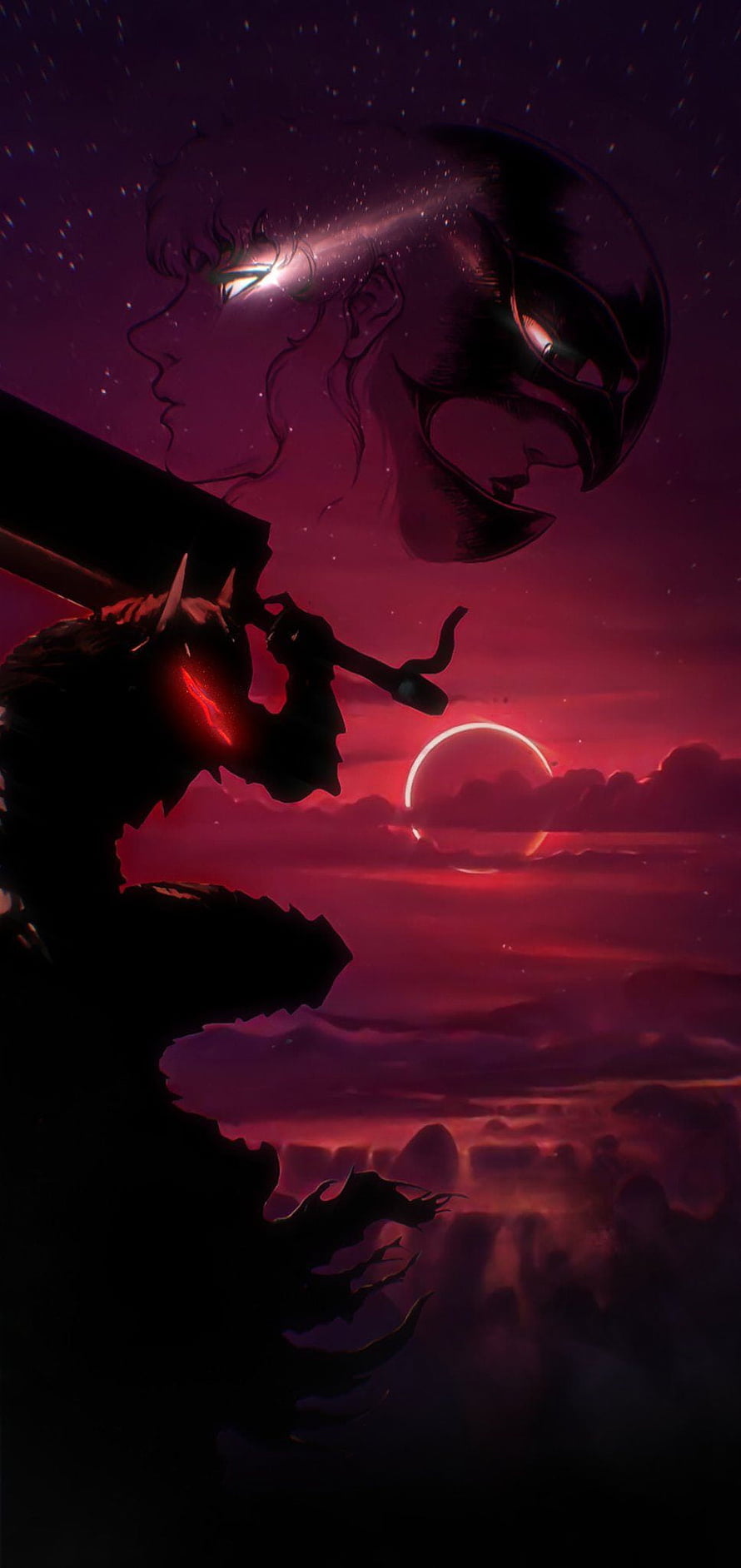 Berserk Guts Silhouette Against Crimson Sky with Ghostly Faces and Eclipse HD phone wallpaper