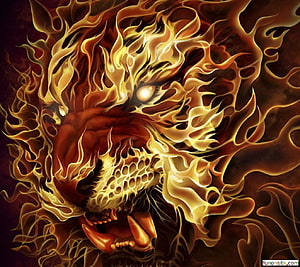 Fierce Fire Tiger Head with Glowing Flames and Fanged Snarl in Dark Fantasy Style HD wallpaper