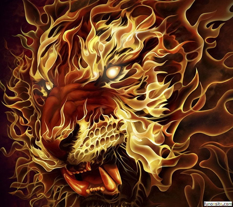 Fierce Fire Tiger Head with Glowing Flames and Fanged Snarl in Dark Fantasy Style HD wallpaper