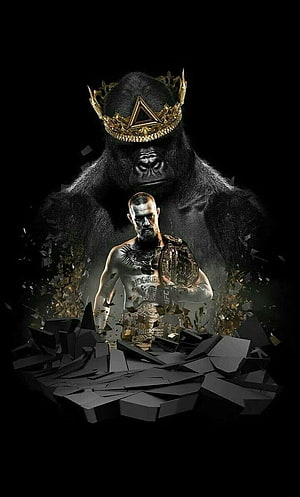 Conor McGregor King of the Cage with Golden Crown and Gorilla Silhouette HD phone wallpaper