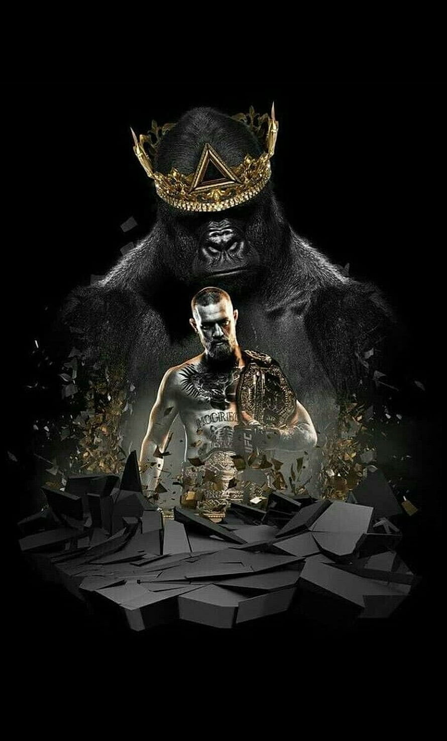 Conor McGregor King of the Cage with Golden Crown and Gorilla Silhouette HD phone wallpaper