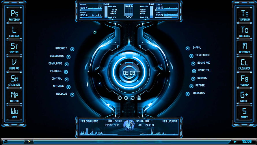 Iron Man Jarvis HUD Interface with Blue Futuristic Dashboard and System Monitor HD wallpaper